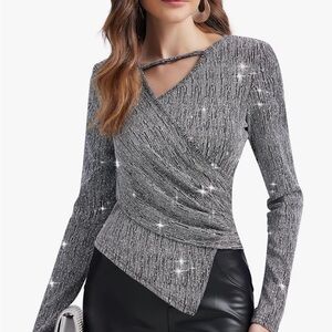 NWT PEIQI Shimmering Silver Asymmetrical Ruched front Women's Blouse plus XXL